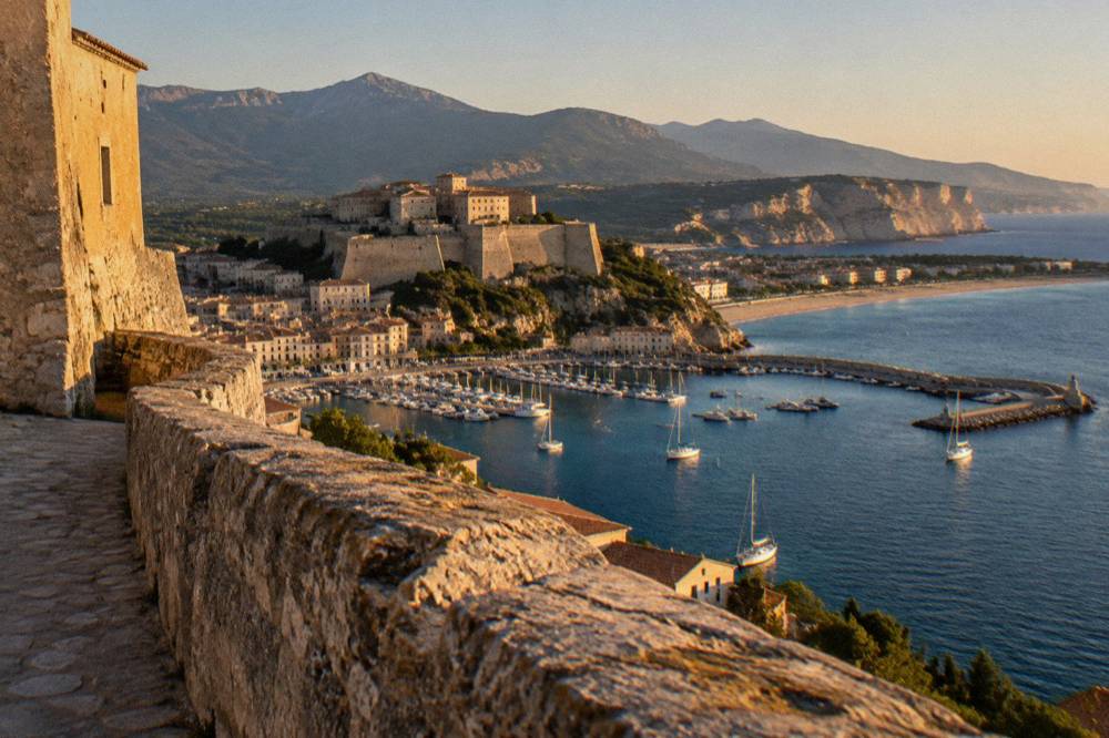 A stone citadel above a harbour with white cliffs in the distance at Bonifacio