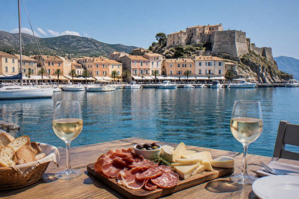 A table set with Corsican charcuterie, cheese, wine glasses and the sea behind