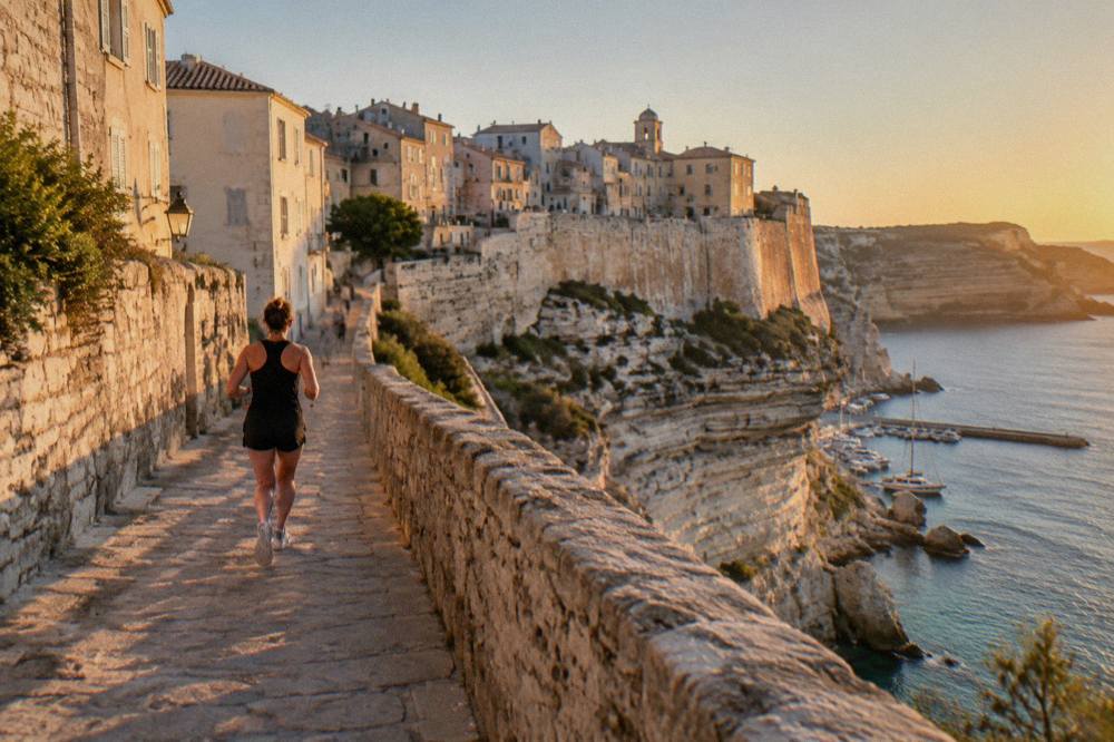 The fortified citadel and harbour of Bonifacio perched on white limestone cliffs above the sea