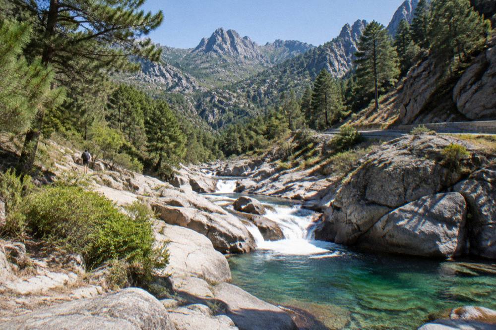 The granite peaks and pine forest of the Restonica valley above Corte