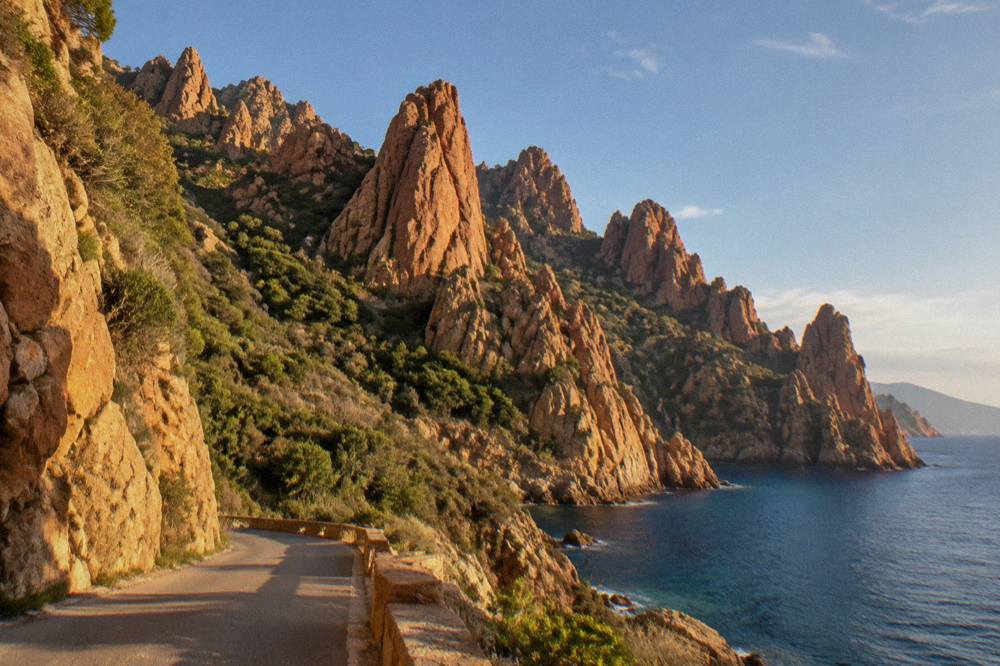 The red granite rocks of the Calanques de Piana seen from the coastal road