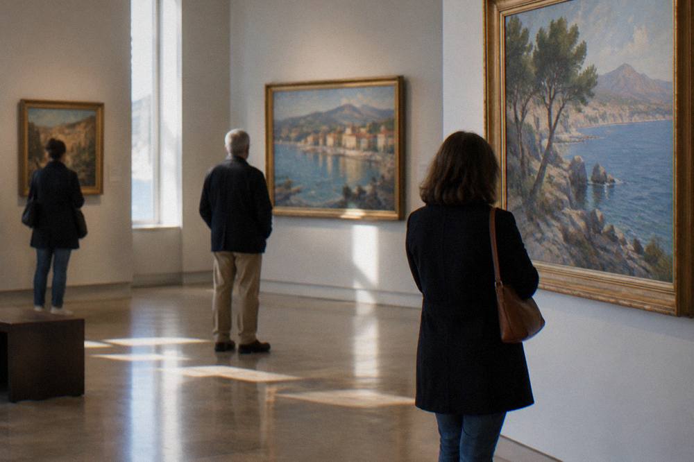 Museum gallery interior with paintings on the walls and visitors looking at artworks