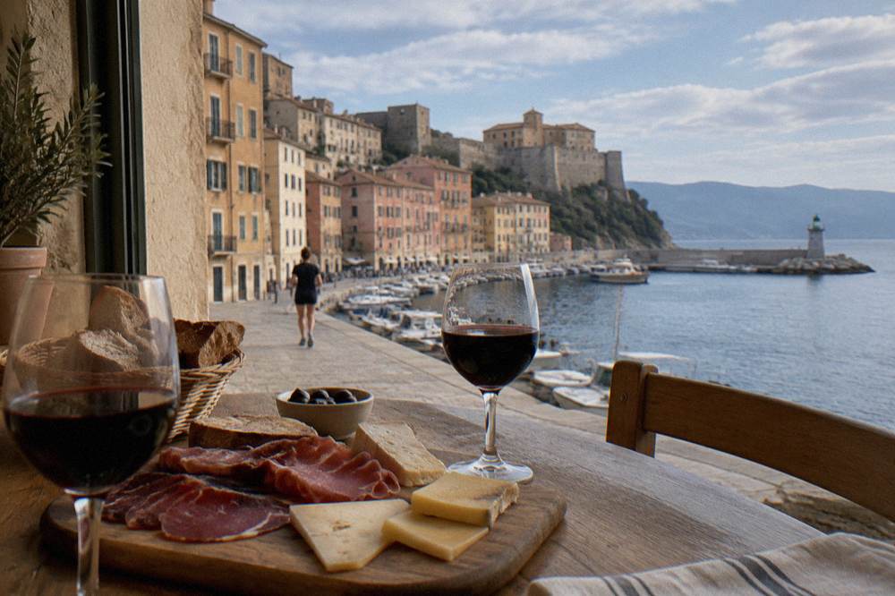 Indoor table with Corsican charcuterie, cheese and glasses of red wine