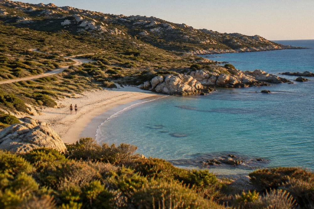 A sandy beach at the edge of the Désert des Agriates with clear shallow water and low maquis vegetation