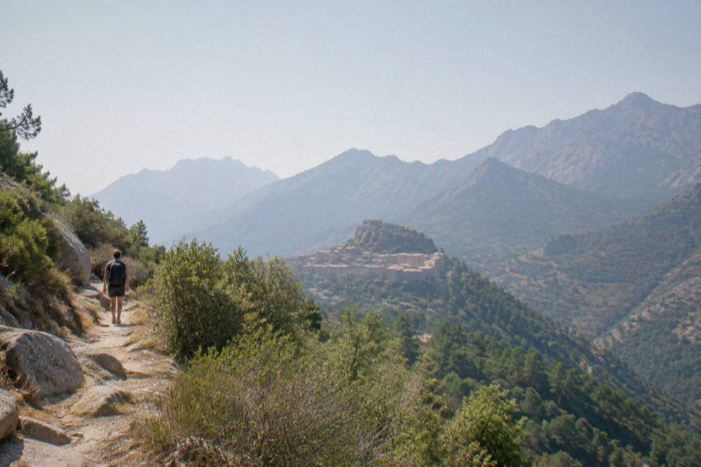 A mountain path above a granite valley near Corte in central Corsica