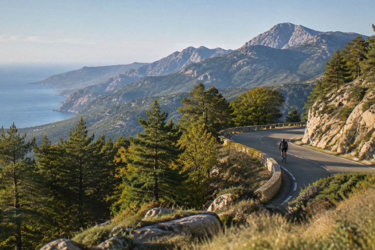 A winding mountain road above the sea on the west coast of Corsica