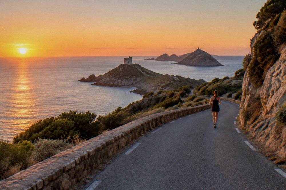 A narrow coastal road with rock cliffs on one side in Corsica