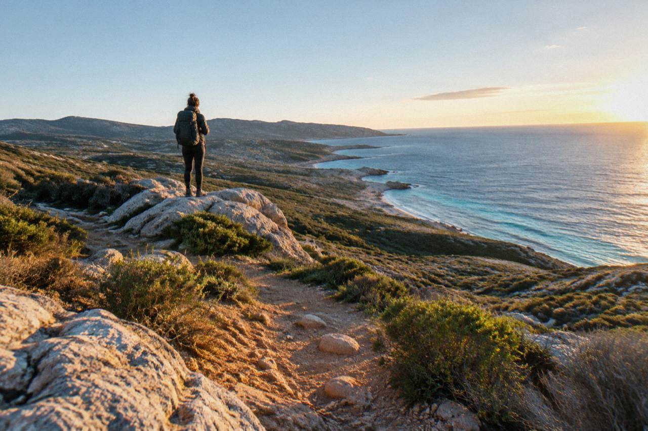 A single traveller with a backpack looking out over the Corsican coastline at golden hour
