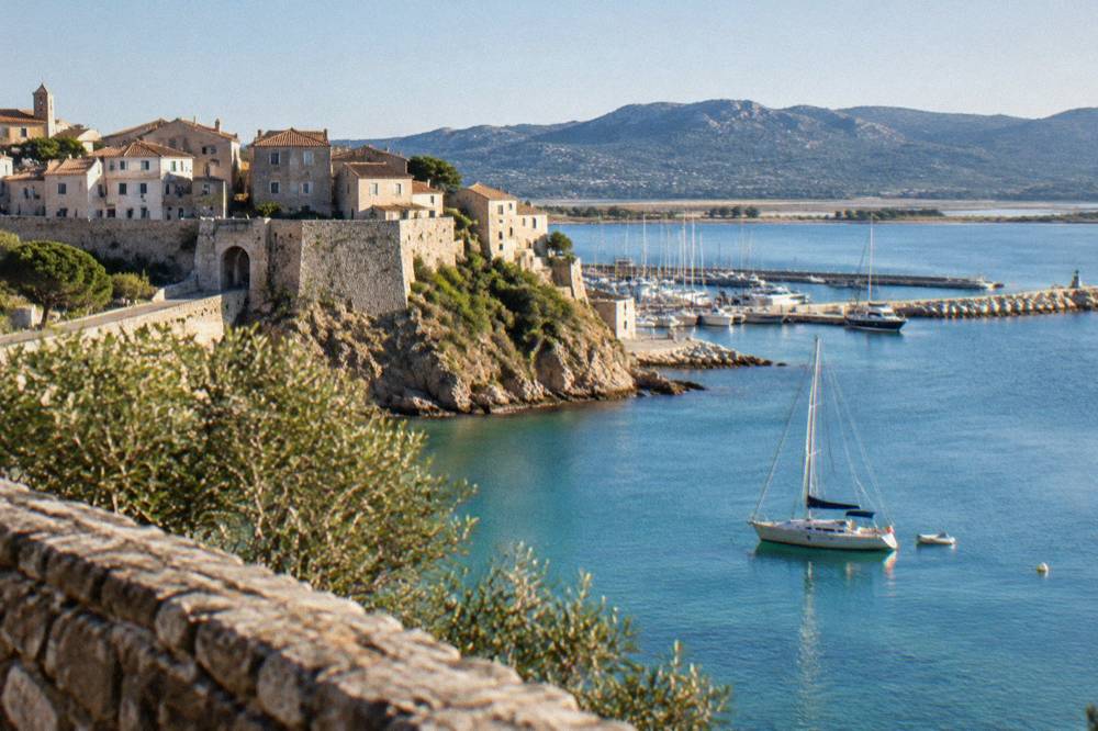 A sailing boat anchored in a calm turquoise cove near Porto-Vecchio