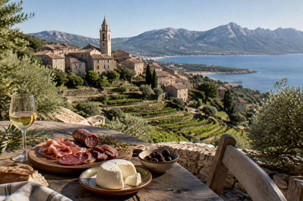 A rustic table with Corsican charcuterie, brocciu cheese and a glass of white wine