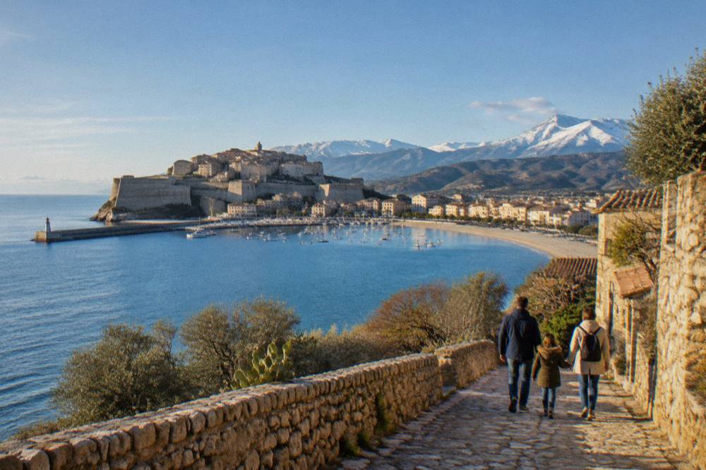 A family walking a stone village street in the Corsican hills in warm evening light