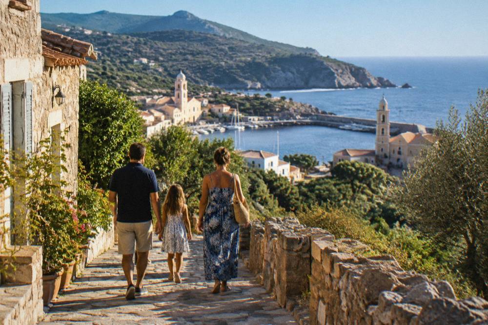 A family walking a stone village street in the Corsican hills in warm evening light