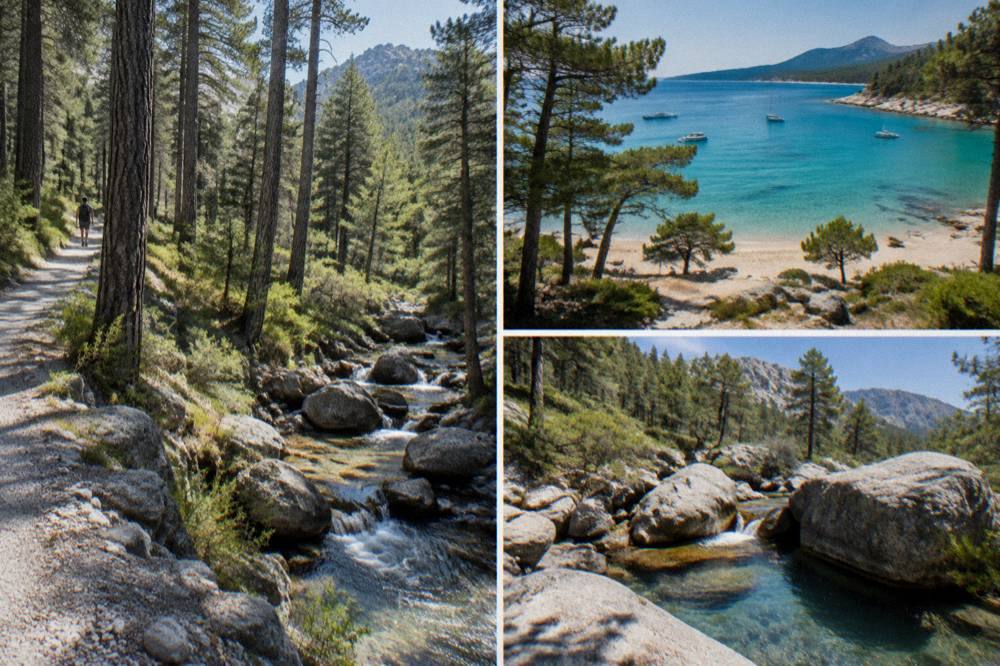 A calm turquoise bay in Corsica with a few small boats and pine trees along the sand
