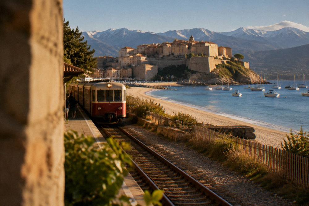 A narrow-gauge Corsican train arriving at a small seaside station beside a sandy beach