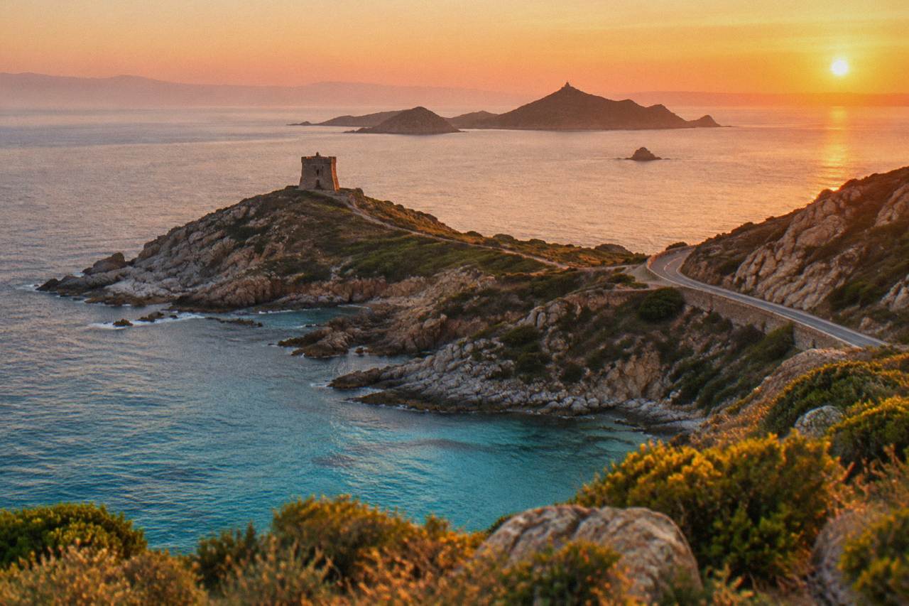 A coastal road winding above a turquoise Mediterranean bay with rocky cliffs in Corsica