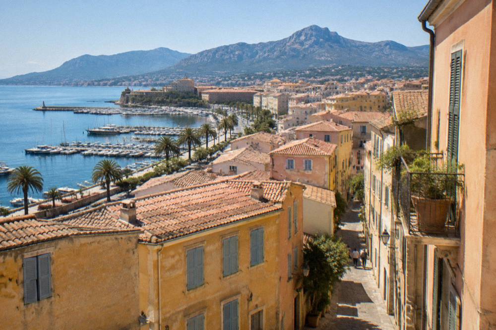Colourful facades and a narrow street in the old town of Ajaccio
