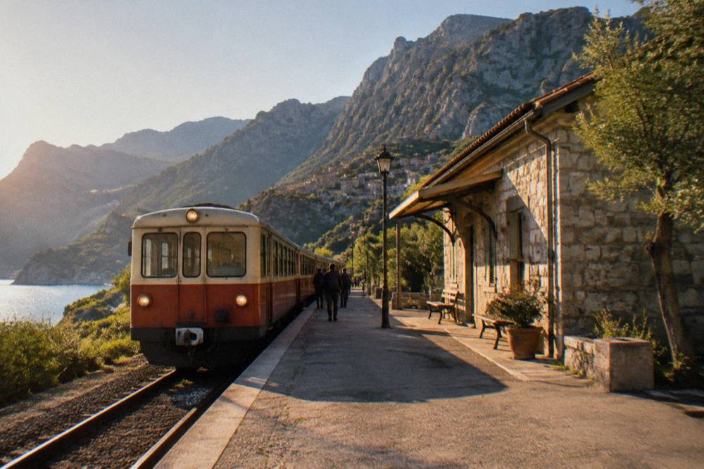 A train of the Corsican narrow-gauge railway stopping at a small coastal station