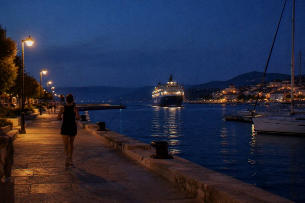 A large ferry approaching a Corsican harbour town at dusk