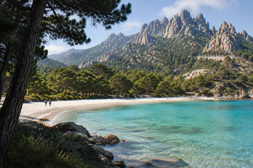 A wide sandy beach with shallow turquoise water and pine trees at the edge of the sand