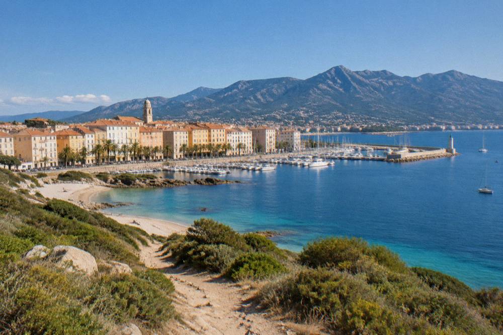A winding dirt track through maquis scrubland toward a pale sandy beach and turquoise sea