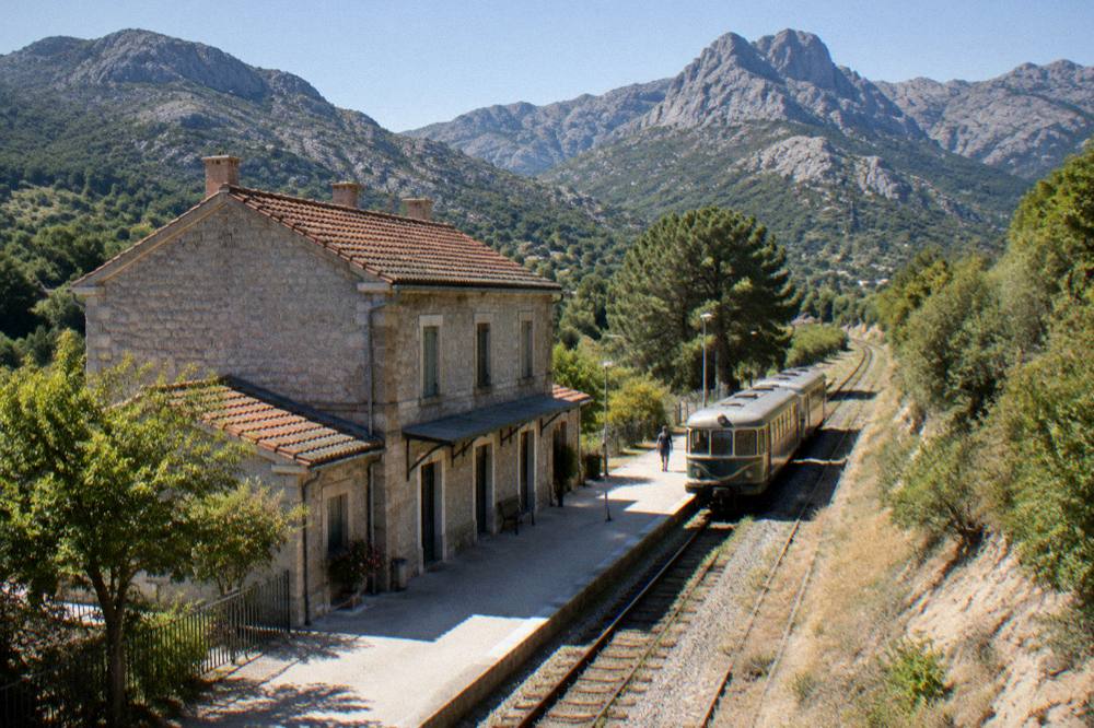 A narrow-gauge train at a small Corsican station with mountains behind