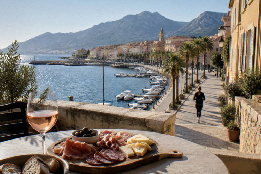 A table with Corsican charcuterie, cheese and a glass of rosé on a terrace overlooking the sea
