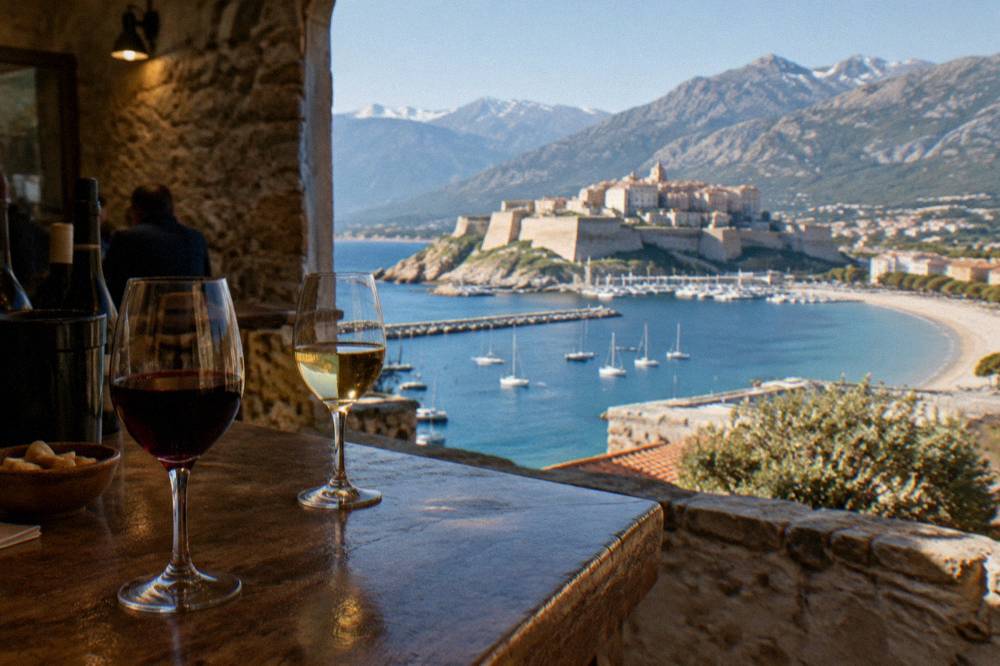 Glasses of red and white Corsican wine on a cellar tasting counter