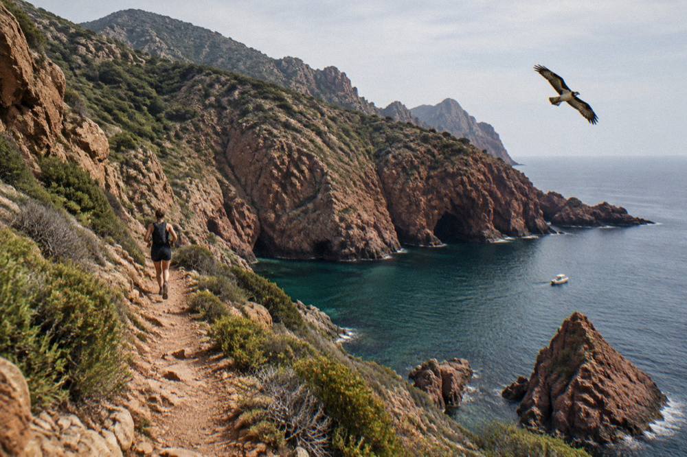 An osprey flying over dark water near rocky coastline